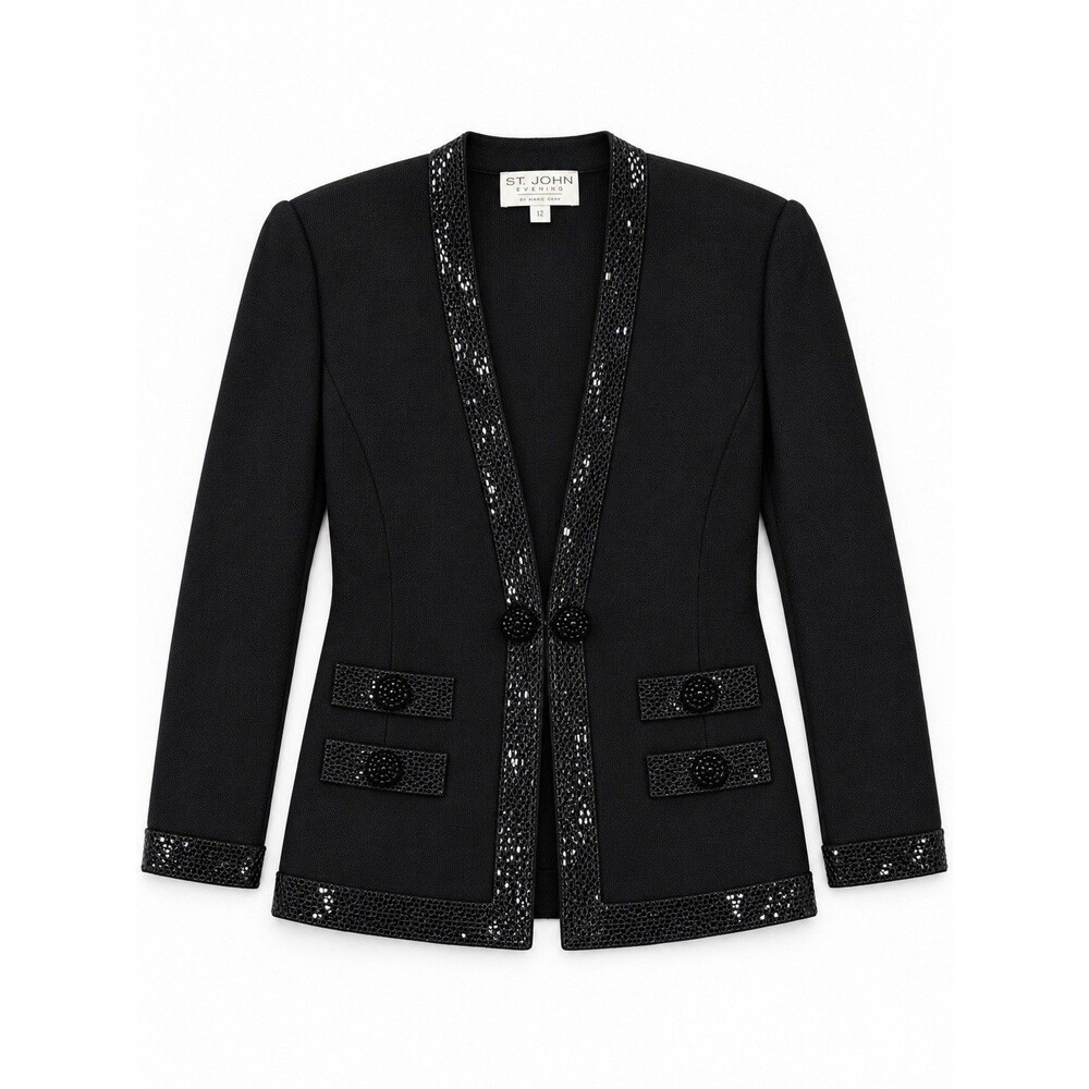 St. John Evening Marie Gray Black Beaded 3 Piece Skirt Suit Set Size 12 Top 10 - Picture 2 of 15